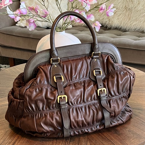 PRADA Nappa Gaufre Ruched Frame Large Bag Brown Soft Leather Tote Purse - Picture 16 of 16
